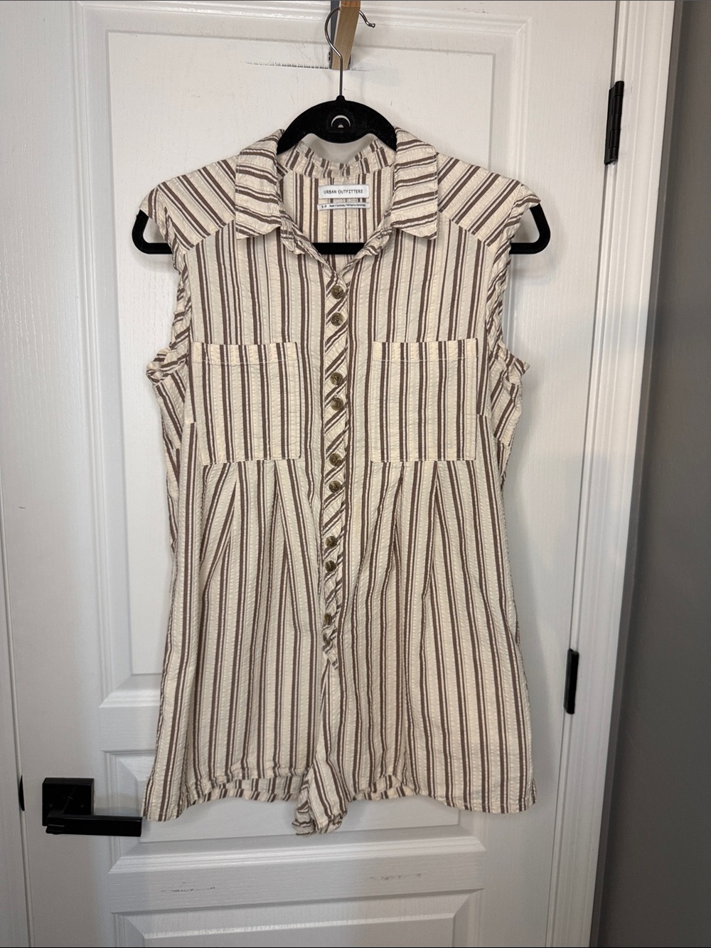 Urban Outfitters Striped Sleeveless Button Romper in Cream & Brown